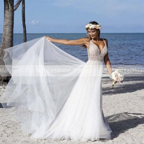 2021 Beach Wedding Dresses Tulle With Beaded Lace Applique Wedding Gown White Ivory Open Back Bride Dress For Summer Wedding