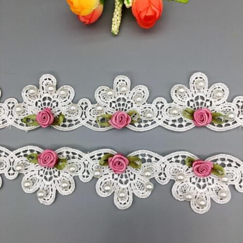 50x Vintage Polyester Pearl Rose Flowers Lace Trim Ribbon Fabric Wedding Dress Hat Embroidered Wedding Dress Sewing Craft