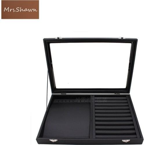 Mrs.Shawn Big PU Black Carrying Case with Glass Cover Jewelry Ring Display Box Tray Holder Storage Box Organizer Earrings Ring B