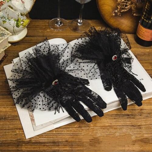 Elegant Black Dots Autumn Summer Short Lace Gloves Tassel Slim Lace Semi Sheer Flexible Accessories Full Finger Party Gloves