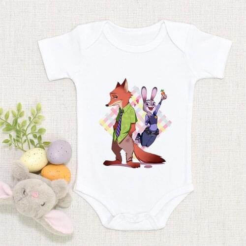Kawaii Disney Zootopia Anime Cartoon Lovely Rabbit Judy Fox Nick Print Infant Romper Summer Harajuku Fashion Baby Bodysuits