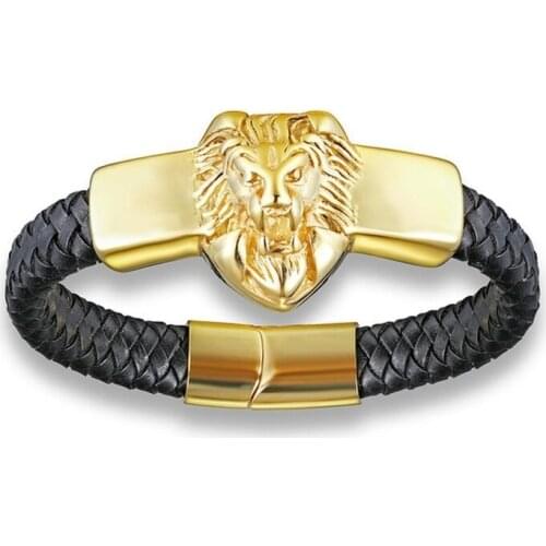 Geunine Leather Buddha Charm Bracelet Men Fine Jewelry Men Stainless Steel Lion Eagle Bracelets for Men