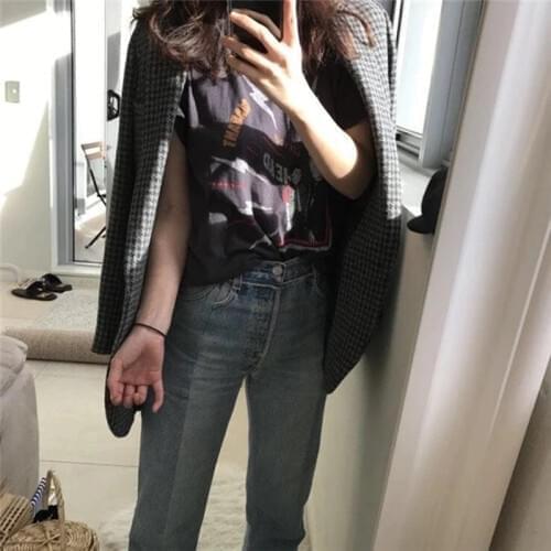 Korean England Style Office Ladies Vintage Thick Hairy Blazers Long Sleeve Single Button Notched Loose Fit Female Plaid Coats