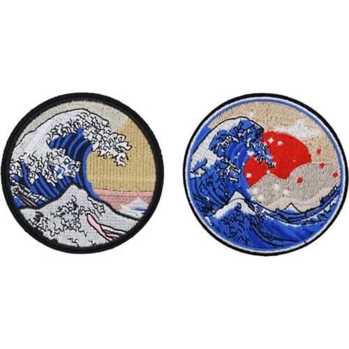 Round Japan Kanagawa Wave Ocean Sea Embroidered Iron On Patch Badge Applique