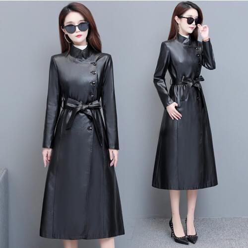 Autumn Women Cool PU Leather Long Jacket Windbreaker Trench Coat Slim Female Punk Bomber Faux Leather Outwear Blazer lady Spring