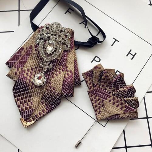 High-end British Style Flower Print Bow Tie for Men Gentlemens Formal Wedding Rhinetone Bowtie Sets Accessories Pocket Square