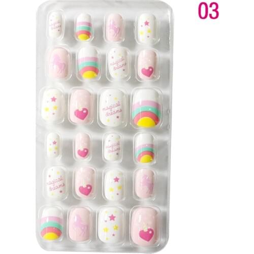 24PCS/Set Candy False Nail Tips Children Cartoon Full Cover Kid Glue Self Fake Nail Art for Girls Manicure Tips Nail Decor