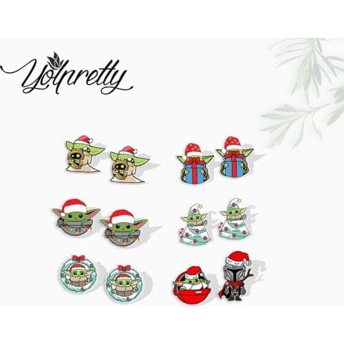 2021 New Star Wars Baby Yoda Christmas Cosplay Epoxy Handcraft Acrylic Stud Earrings for Kids