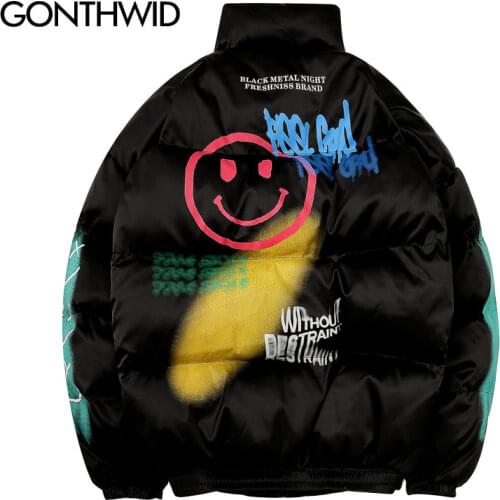 GONTHWID Graffiti Print Puffer Cotton Padded Parkas Streetwear Hip Hop Casual Thick Warm Jackets Coats Hipster Fashion Winter Co