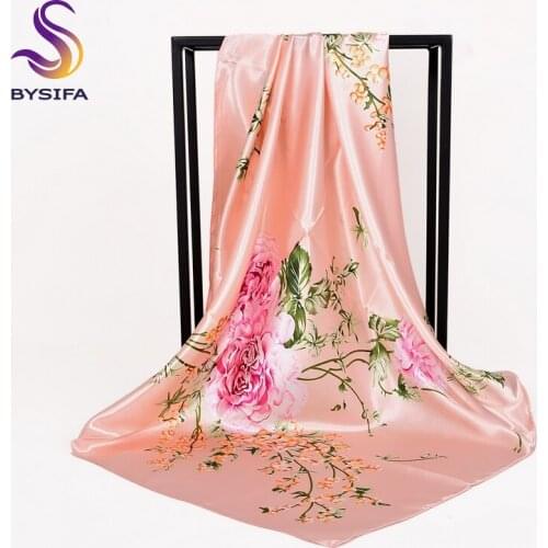 [BYSIFA] Chinese Roses Pink Silk Scarf Shawl Women 2018 New Design Brand Elegant Large Square Scarves Wraps Muslim Head Scarf