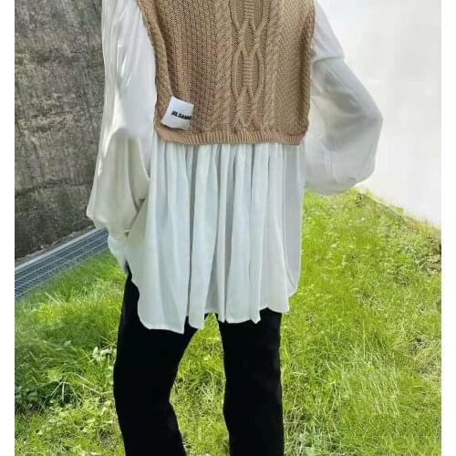 JilSa**er knitted stitching round neck lantern sleeve chiffon shirt design top