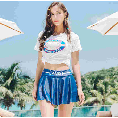 Split skirt type thin three-piece brand high-quality belt steel bra belt chest pad blue conservative sexy hot spring swimsuit