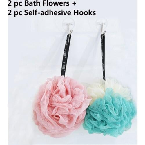 ZhangJi 2 Pcs Bath Flower + 2 pc Self-adhesive Hooks Foaming Rich Bath Exfoliation Extra-dense Soft Body Friction Hanging