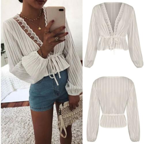 Hirigin Women Long Sleeve Loose Chiffon Deep V Neck Lace Patchwork Ruffles Casual Lady Office T-Shirts Tops