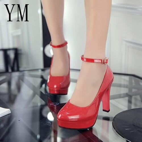 02 Woman Pumps Autumn Ankle Strap Platform Thick Heel shoes ol Patent leather High-heeled Female trend of Ultra High Heels Shoes