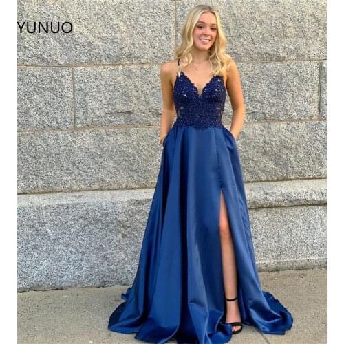 YUNUO Sleeveless A-line Satin Prom Formal Dress Pockets robe de soiree Spaghetti Straps Beading Lace Womens Evening Dresses