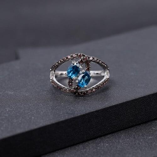 GEMS BALLET 1.14Ct Natural London Blue Topaz Ring 925 Sterling Silver Split Band Swirl Gemstone Rings For Women Fine Jewelry