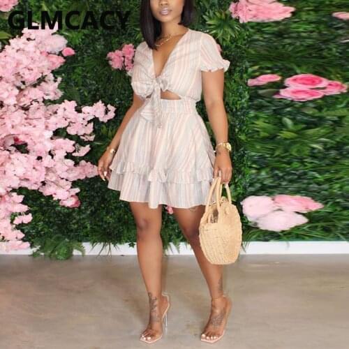 Women Short Sleeve Tie Front Ruffles Dress Sweet Summer Mini Dress