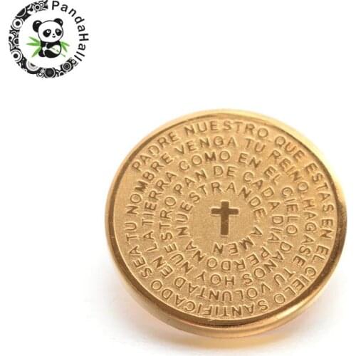 12pcs Flat Round Lord Prayer Padre Nuestro 304 Stainless Steel Charms, Golden, 15x1.5mm, Hole: 3.5x2.5mm