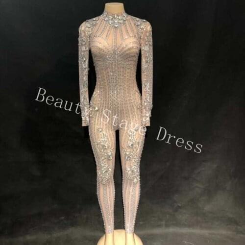 Sparkly Silver Crystals Mesh Jumpsuit Sexy Rhinestones Perspective Bodysuit Super Design Evening Celebrate See Through Costume