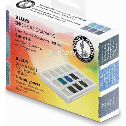 DANIEL SMITH Hand Poured Watercolor, Half Pans, Blues Set with 6 Watercolor Half Pans, 9 Empty Half Pans, 1 Plastic Travel Case