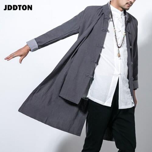 JDDTON Mens Cotton Linen Coats Kimono Vintage Long Gown Buckle Jackets Chinese Robe Loose Windbreaker Traditional Hanfu JE522
