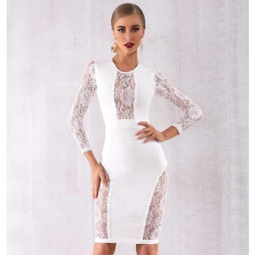 Wholesale 2020 Newest Women dress Black and White Long sleeve Lace perspective Sexy Celebrity Cocktail party bandage dress
