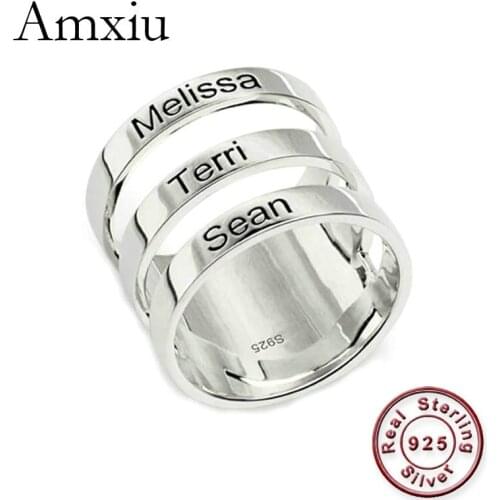 Amxiu Engrave Three Names Ring Customize 925 Sterling Silver Rings Jewelry Big Wide Ring For Family Women Men Rings Accessories