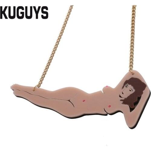 KUGUYS Trendy Jewelry Naked Woman Necklace for Women Fashion Acrylic Figure Pendant Necklace Sweater Chain