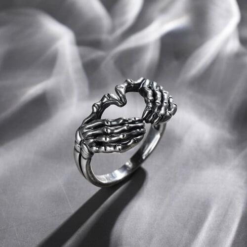 Punk Gothic Silver Plated Hand with Heart Rings for Men Creative Skeleton Couple Ring Women Hip Hop Band Jewelry Charm Gift