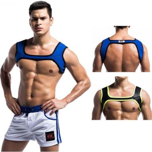 Mens Harness Tanks Top Rubber Gay Bondage Fetish Shoulder Body Chest Muscle Harness Belt Straps Hombre Lingerie Exotic Clubwear