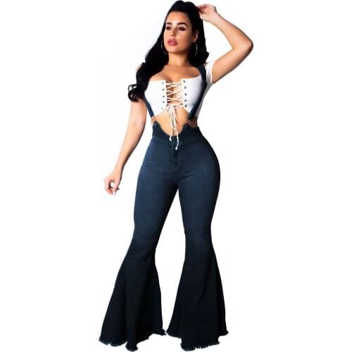 AHVIT High Waist Sexy Denim Bottomed Flare Pant Women Spaghetti Strap Sleeveless Trouser Vintage Backless Long Pants SMR9110