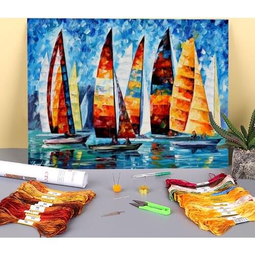 Sail Regatta Printed 11CT Cross Stitch DIY Embroidery Kit DMC Threads Handmade Painting Hobby Handicraft Home Decor Promotions