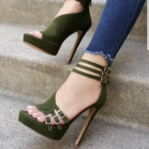 Moraima Snc Green Buckles Ankle Strap Platform Sandals High Heel Shoes Summer Peep Toe Cutouts Gladiator Shoes Woman Dress Shoes