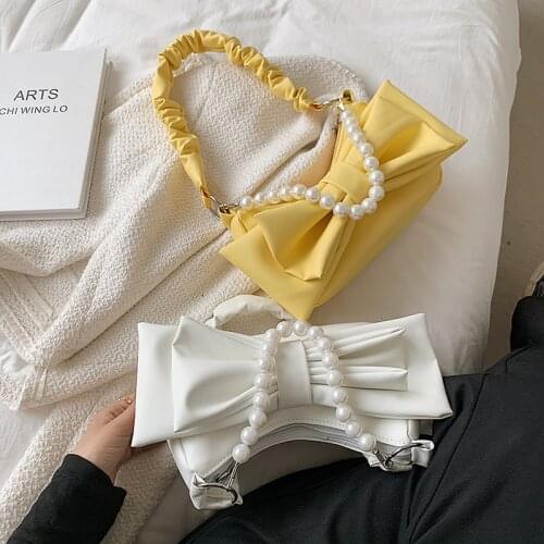 Womens Bowknot Underarm Bag Luxury Pearls Chain Ladies Small Shoulder Bags Female PU Leather Handbags Clutch Purses Bolsos