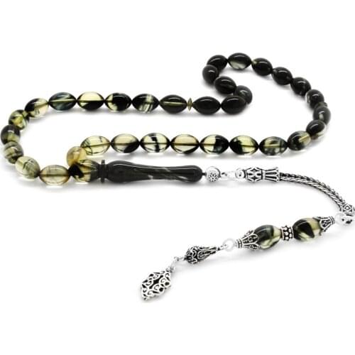 Tesbihane 925 Sterling Silver Tassels Barley Cut Filtering Black Fire Amber Prayer Beads