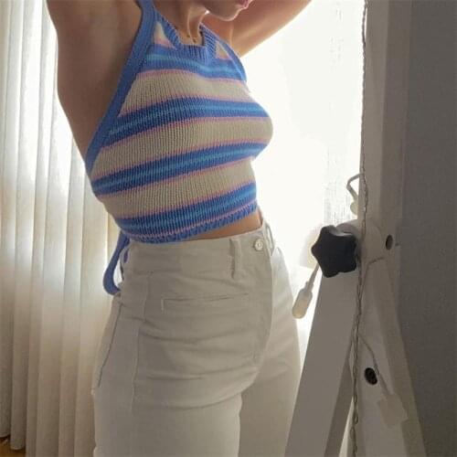 TRAF Women 2021 Fashion Striped Cropped Knit Tank Tops Vintage Halter Neck Tied Female Top Streetwear