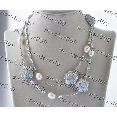 Z11312 32"-50" 20mm White Pearl Blue Plum-blossom Flower Aquamarine CZ Chain Necklace Women Fashion Jewelry