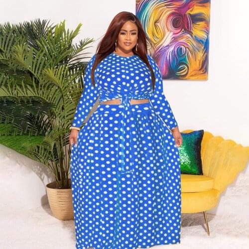 Plus Size Women Clothing Two Piece Dress Sets Wholesale Dot Print Crop Top Elastic Waist Maxi Skirt Fall Clothes Dropshipping