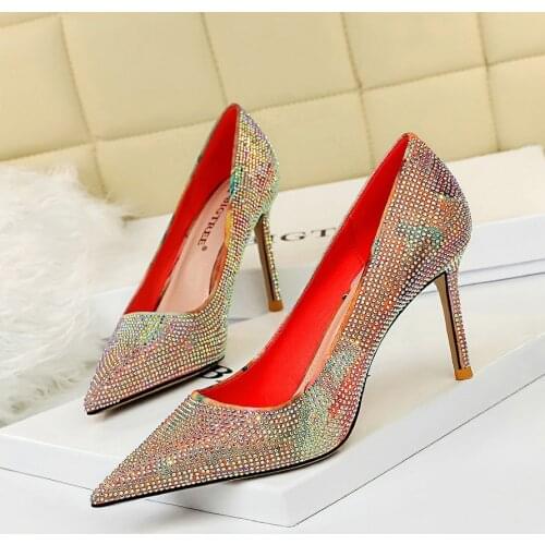 European and American Fashion Banquet High Heels Thin Heeled High Heel Pointed Color Matching Crystal Womens Shoes