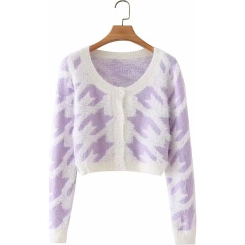 MESTTRAF Women 2021 Fashion Retro Round Neck Purple Houndstooth Jacquard Cardigan Sweater Autumn Long Sleeve Casual Top