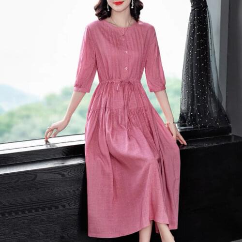 Women 2021 Summer New Fashion Solid Color Long Dress Female Cotton Linen Loose Dresses Ladies O-neck Thin A-line Vestidos W57