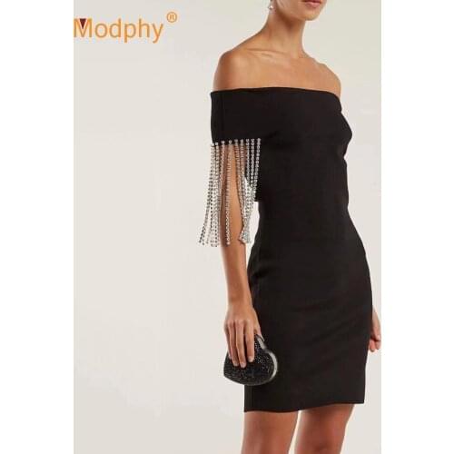 2020 Summer New Fashion Womens Bandage Dress Sexy Off-Shoulder Fringe Diamond Bodycon Dress Club Celebrity Party Vestidos