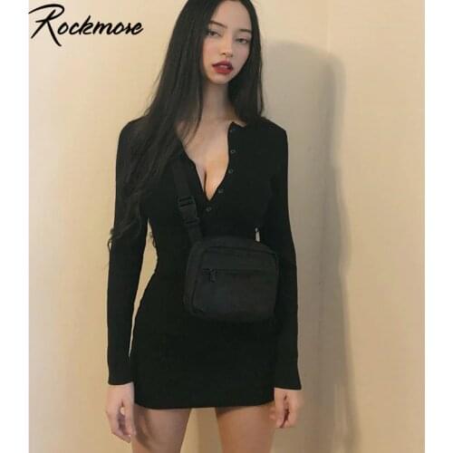 Rockmore Harajuku Knitted Women Mini Dress With Button Streetwear Black Bodycon Grey Long Sleeve Above Knee Dresses Femme Autumn