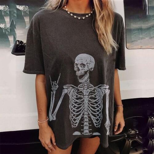 40# Vintage Womens Summer T-shirts Sun Moon Skull Printed Pattern Casual Short Sleeve Tops T-shirts Harajuku T-shirt Plus Size