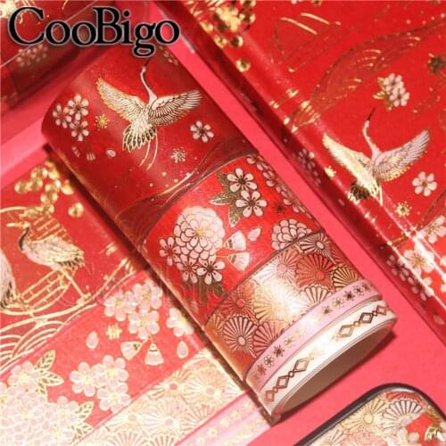 5 rolls/Set Washi Masking Tapes Decorative Adhesive Paper Sticker Scrapbook Diary Stationery Traditional Chinese Red Gold Style