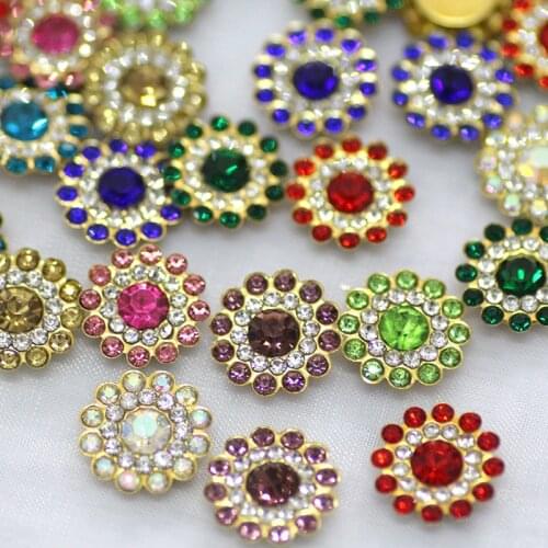 50pcs 14mm Mix Color Sew On Rhinestones With Gold Flatback Flower Shape Crystal Glass Strass For Wedding Party Dress Decoration
