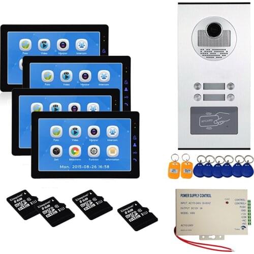 9 inch Multi Apartments Families Video Doorbell Door Intercom System Record RFID Keyfobs Function with 4 Monitor for Apartments