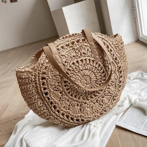 Big Round Straw Rattan Totes for Women 2021 Summer Shoulder Bags Female Beach Simple Travel Purses and Handbags Bohemian