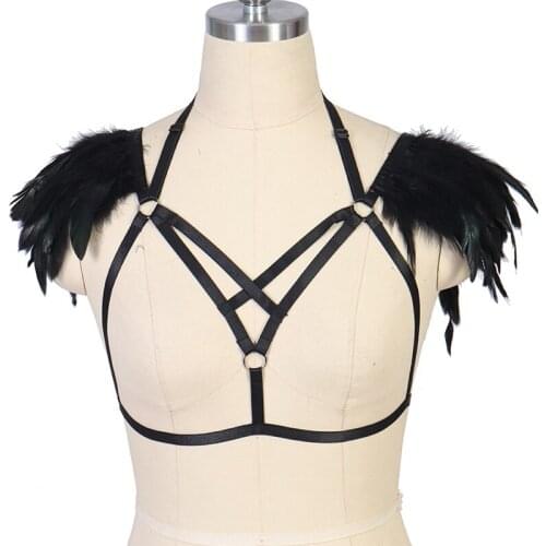 Black Gothic Feather Wings Body Harness Belt Epaulettes Cage Bra Bondage Shoulder BurningMan Party Pole Dance Rave Wear Lingerie